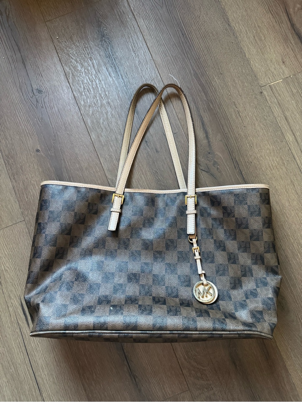 Michael Kors Dark Brown Checkered Tote with Beige Trim